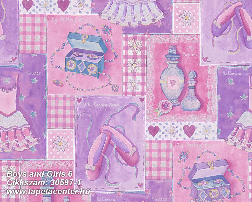 Gyerek,különleges felületű,rajzolt,lila,pink-rózsaszín,gyengén mosható,papír tapéta 
